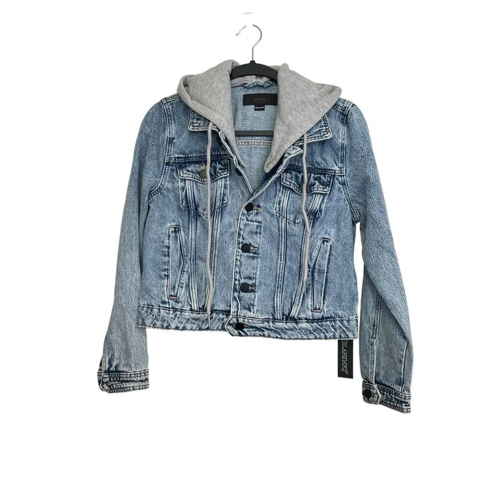 Blank NYC Denim Trucker Jacket Removable Gray Hood Size Small NWT